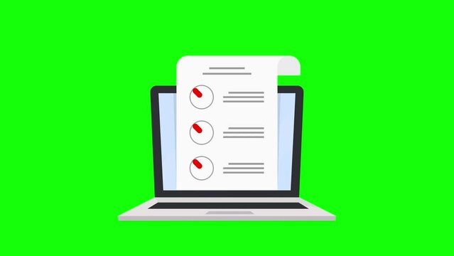 Online survey on laptop. Customer experience feedback concept. Wrong answer on computer test. Finance business unfinished checklist clipboard