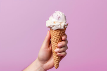 Ice cream cone on a pink background , Female hand holding ice cream in waffle cone , Created with Generative Ai