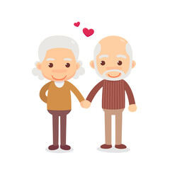An older couple holding hands with a heart and a heart in the background. A couple of old people falling in love. Vector illustration cute flat design.