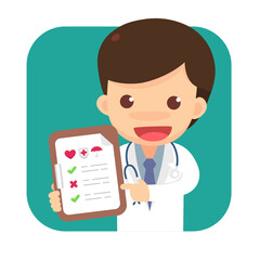 A doctor with a clipboard. Cute character of doctor with checklist paper. Vector illustration.