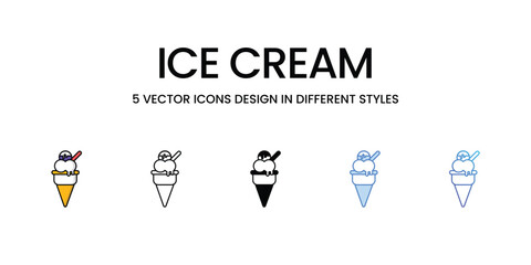 Ice Cream Icon Design in Five style with Editable Stroke. Line, Solid, Flat Line, Duo Tone Color, and Color Gradient Line. Suitable for Web Page, Mobile App, UI, UX and GUI design.