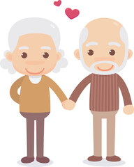 An older couple holding hands with a heart and a heart in the background. A couple of old people falling in love. Vector illustration cute flat design.