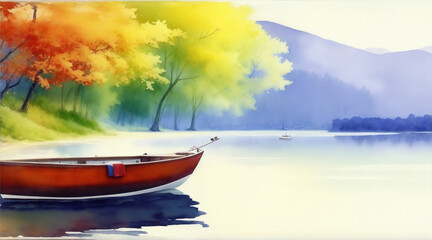 Boat on the lake watercolor oil painting landscape boating wallpaper. Generative AI.