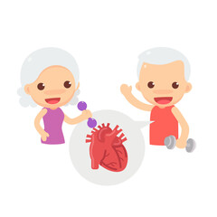 Cute characters of couple old man and old woman in strong and healthy actions with heart symbol in the bubble. Old people cardiovascular exercise. Vector illustration cute flat design.