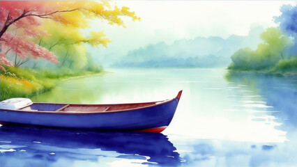 Boat on the river watercolor oil painting landscape boating wallpaper. Generative AI.