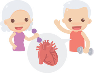 Cute characters of couple old man and old woman in strong and healthy actions with heart symbol in the bubble. Old people cardiovascular exercise. Vector illustration cute flat design.