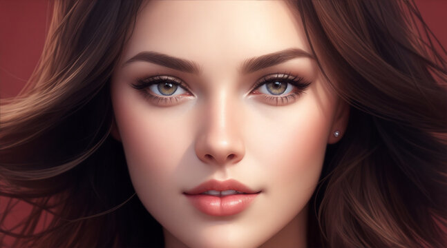 Beautiful woman face portrait in realistic photo illustration. Generative AI.