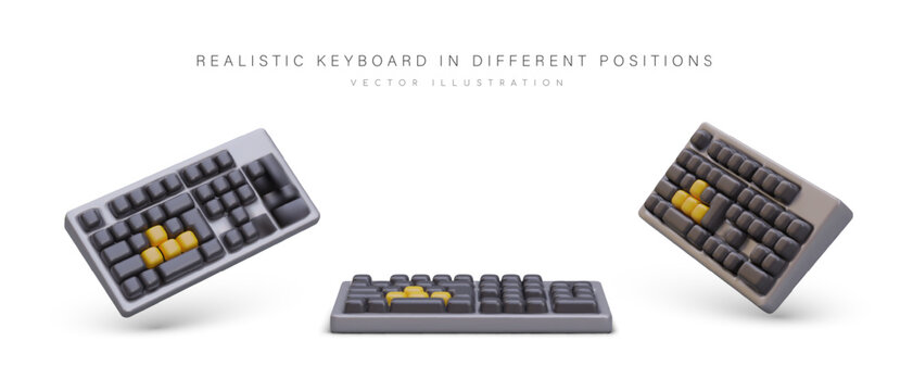 Set of realistic black keyboards with shadows. Wireless device for typing text, inputting information. Isolated image on white background. View from different sides