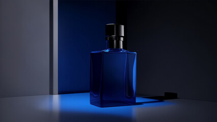 Men perfume glass bottle advertising product packaging photograph in black studio. Generative AI.