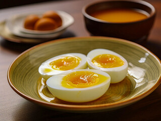 Hard-boiled and halved eggs placed on a plate. generated ai