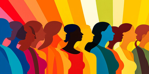 Vibrant blonde within diverse women group, exhibiting unity in diversity and stand against racial inequality on multicolor gradient backdrop. Generative AI
