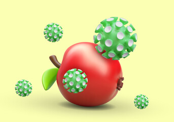 Study and research of fruits. Proper nutrition, the benefits of apples. Realistic 3d red apple and bacteria. 3d medicine concept. Vector illustration in red and green colors