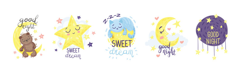 Cute Pictures with Good Night Inscription for Nursery Vector Set