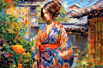 Obraz premium Beautiful garden and young woman in kimono