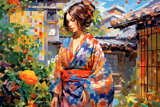 Beautiful garden and young woman in kimono