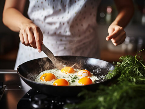 woman cge prepares eggs on frying pan