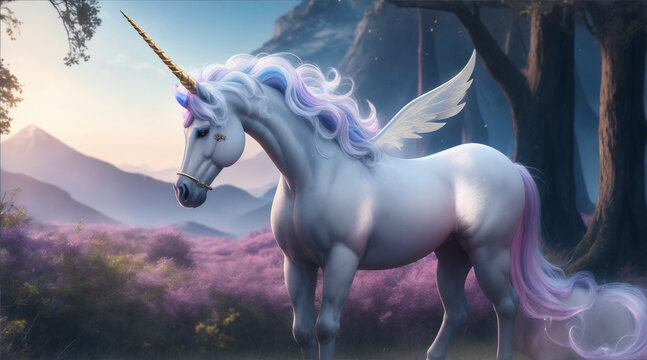 View of magical and mythical unicorn creature. Generative AI.