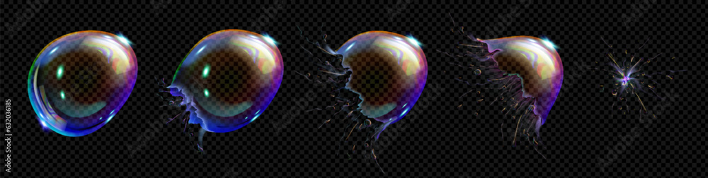 Poster soap bubble burst. 3d effect of water balloon explosion. animation sprite sheet of burst sequence of