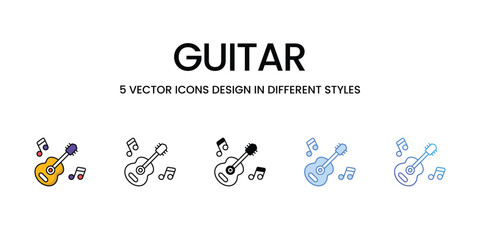 Fototapeta na wymiar Guitar Icon Design in Five style with Editable Stroke. Line, Solid, Flat Line, Duo Tone Color, and Color Gradient Line. Suitable for Web Page, Mobile App, UI, UX and GUI design.