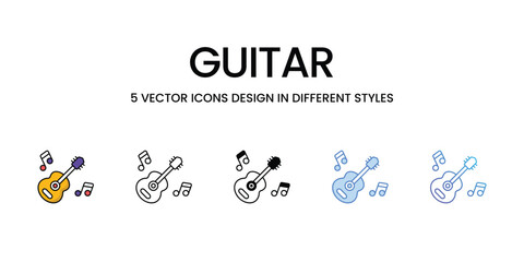 Guitar Icon Design in Five style with Editable Stroke. Line, Solid, Flat Line, Duo Tone Color, and Color Gradient Line. Suitable for Web Page, Mobile App, UI, UX and GUI design.