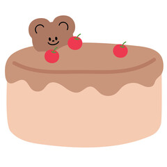 Illustration of chocolate cake with cherry and teddy bear cookie for birthday cake, sweet dessert, bakery, pastry, cafe, restaurant, menu, recipe, baking book, cake shop, cute patches, plush toy, doll