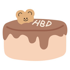 Illustration of chocolate cake with HBD letters and teddy bear cookie for birthday cake, sweet dessert, bakery, pastry, cafe, restaurant, menu, recipe, baking book, cake shop, cute patches, plush toy