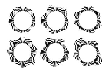 Radial wave sound lines. Circular frame. Sound circle ring. Wavy roun frame. Radial sun rays symbol. Wavy geometric silhouette. Abstract design element. Vector illustration on white background. - 632036153