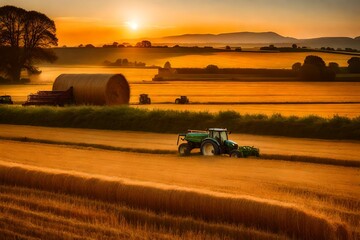 Fototapeta premium sunset over the field with a house and hay - Generative AI
