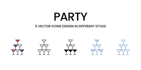 Party Icon Design in Five style with Editable Stroke. Line, Solid, Flat Line, Duo Tone Color, and Color Gradient Line. Suitable for Web Page, Mobile App, UI, UX and GUI design.