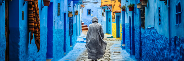 Enthralling image of a woman exploring vibrant blue streets in Chefchaouen, Morocco - a captivating merge of culture, travel, and picturesque cityscape. Generative AI