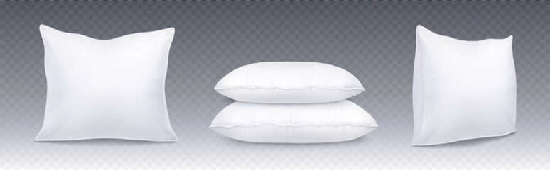 3d white isolated realistic cushion mockup vector. Meditation pillow stack for bed mock up template set. Rectangular shape silk or satin top and side view fluffy bedroom pillowcase icon design