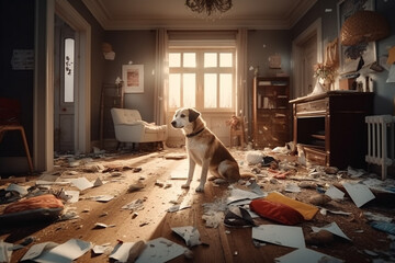 Fototapety  Dog being naughty make mess in  apartment, boredom and loneliness. House destroyed by dog left alone. Generative AI