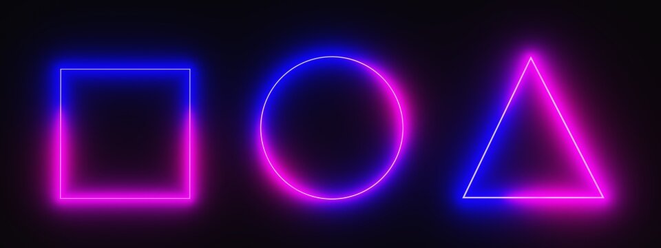 Neon frames square, circle and triangle shapes, 3d render icons set. Electric light banners for night club or casino, glowing borders with gradient colors isolated on black background. 3D illustration
