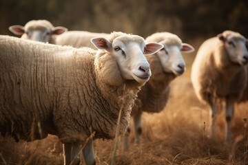 Fototapeta premium Happy sheep roaming free on farm meadow . Farm animal welfare and care. Generative Ai