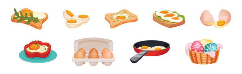 Raw and Cooked Egg in Frying Pan and Sandwich Vector Set