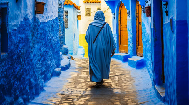 Enthralling exploration of a woman journeying through vibrant blue streets of Chefchaouen, Morocco, exotic cityscape frames her cultural discovery and adventure. Generative AI