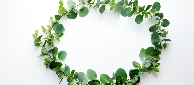 A wreath of eucalyptus branches is placed on a white background, with a flat lay and top view perspective. empty space for text or other elements in the image.