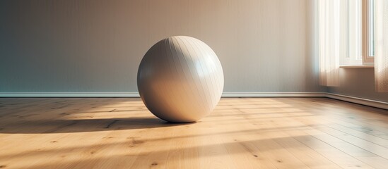 fitness ball and exercise mat placed on a hardwood floor in an empty room at home. also space available for copying.