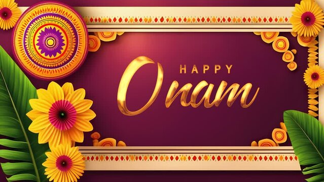 Happy Onam Animation in Gold Color. Great for Happy Onam Celebrations, lettering with background, for banner, social media feed wallpaper stories