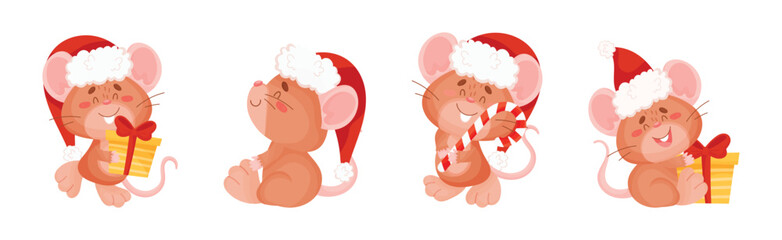 Cute Mouse in Red Santa Hat Engaged in Different Activity Vector Set