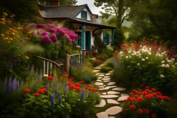 old beautiful house in the garden, a beautiful path leads to the house - Generative AI