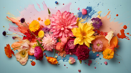 Colorful flowers on baby blue background. Splashed paint around. Creative concept. 