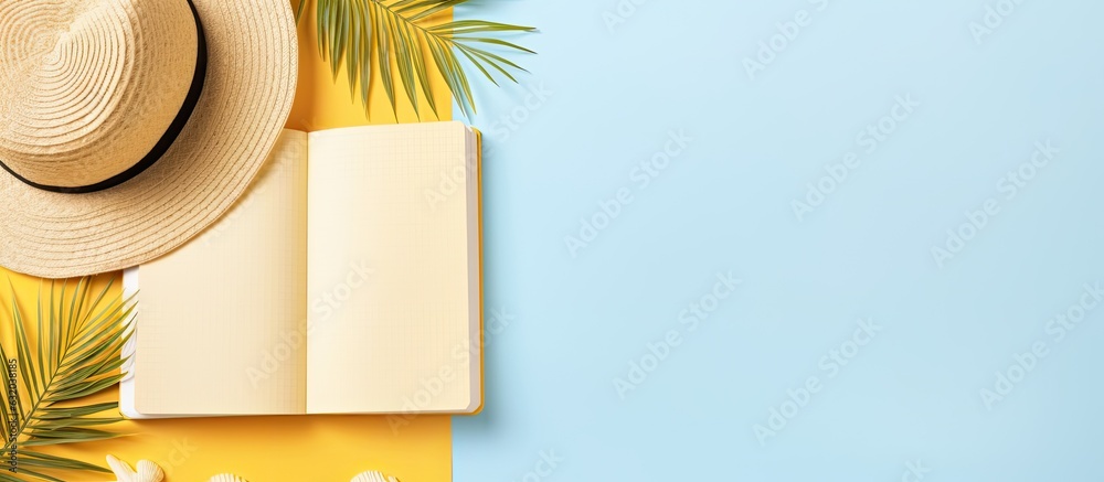 Leinwandbilder A writing book with summer beach accessories on the background is shown in a flat lay style. copy space available for writing or adding any text.