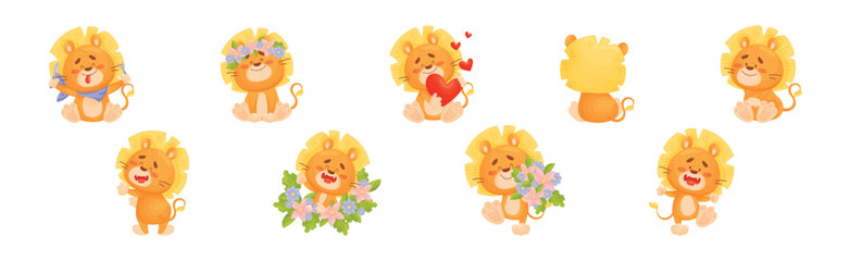 Cartoon Lion Cub Playful Character with Mane Vector Set