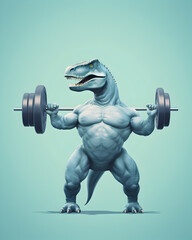 Fototapeta na wymiar Illustration of a Humanoid Dinosaur with muscles, lifting weights, aquamarine background, monochromatic minimalistic style.