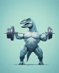 Papier Peint photo Dinosaures Illustration of a Humanoid Dinosaur with muscles, lifting weights, aquamarine background, monochromatic minimalistic style.