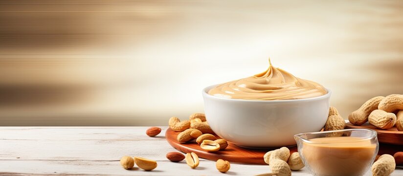 A small bowl of creamy peanut pasta, along with a bowl of peanut butter and peanuts, is placed on a table with a copy space background.