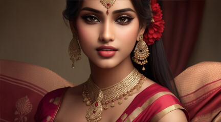 A beautiful gorgeous attractive female model wearing an Indian saree. Generative AI.