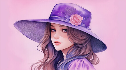 A detailed illustration of a beautiful girl wearing a hat watercolor. Generative AI.