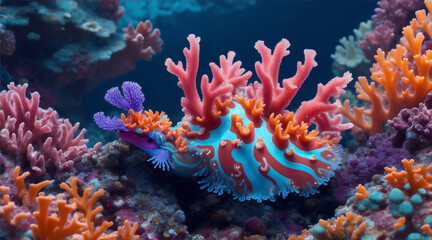 Naklejka na ściany i meble A vibrant nudibranch crawling on a coral reef. Generative AI.